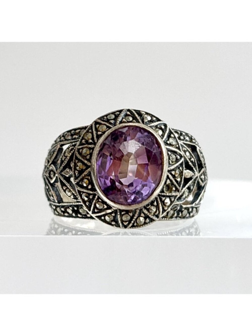 Art Deco Amethyst Gemstone Marcasite Sterling Silver 925 Vintage Ring - sz 5.75